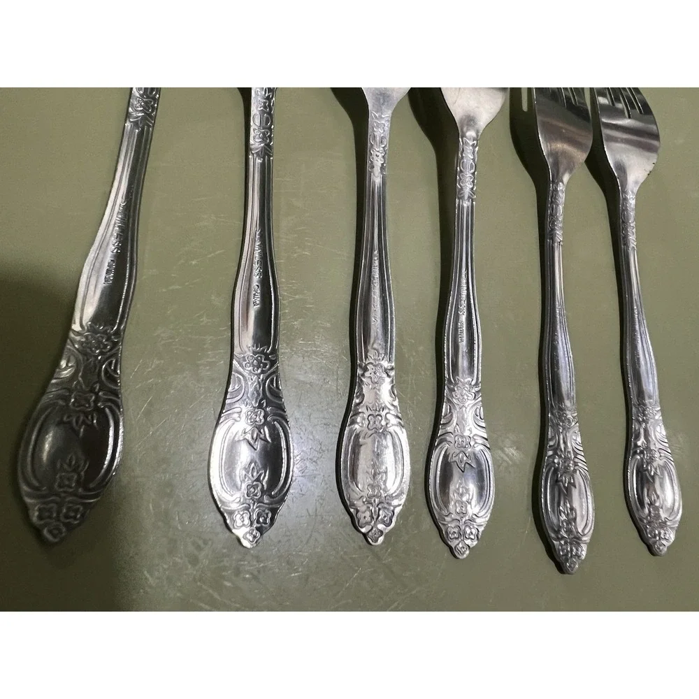 Set of 6 Stainless China dinner Forks Floral Leaves Scroll
